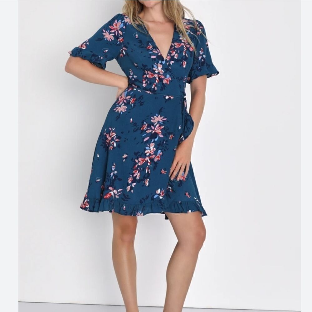 Lulu's Teal Floral Wrap Mini Dress with Pink Accents